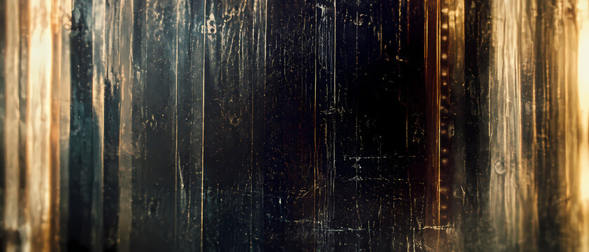 Abstract cinematic film texture with dark distressed surface, golden vertical light leaks, vintage scratches, dust, grain and glowing edges creating an aged grunge background