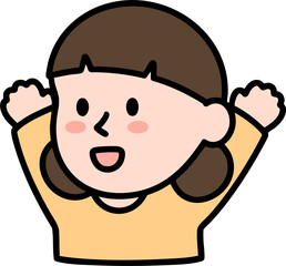 Happy cartoon girl raising hands for birthday celebration, vector illustration