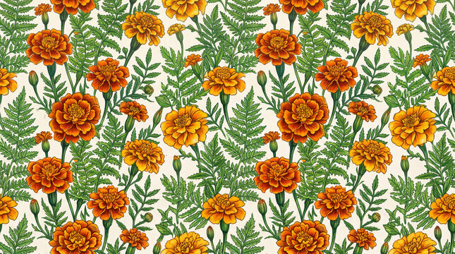 Seamless floral pattern featuring vibrant orange marigolds surrounded by lush green ferns on a light background