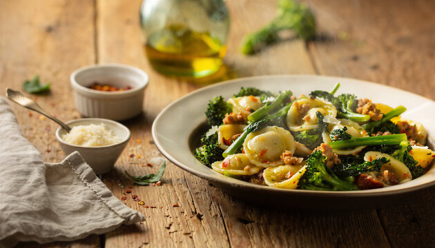 Orecchiette pasta with broccoli sausage crumbles chili flakes olive oil rustic wooden table warm natural light