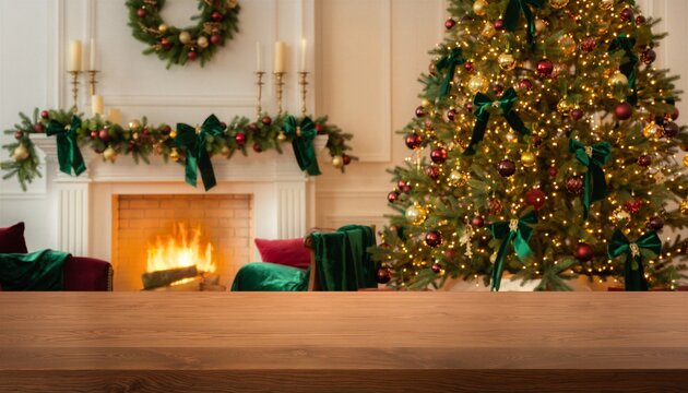 Luxurious holiday interior featuring a richly decorated Christmas tree with gold and burgundy baubles, emerald velvet bows, warm fairy lights, a crackling brick fireplace