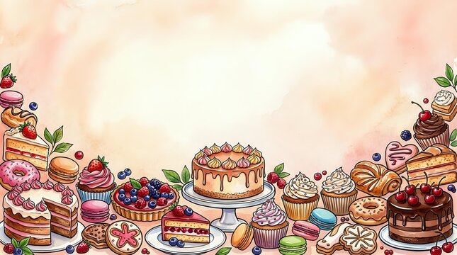 Assorted colorful cakes, cupcakes, and pastries arranged