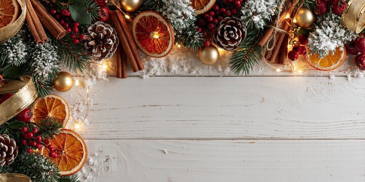 Top-down flat lay of festive holiday decor: snow-dusted fir branches, dried citrus slices, cinnamon bundles, gold baubles, red berries, pine cones, and warm fairy lights arranged on rustic white