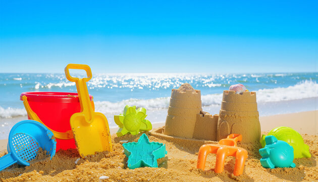 Bright red bucket, yellow shovel, blue sieve, orange rake, teal starfish mold, and green turtle molds surround a detailed two-tower sandcastle on golden sand