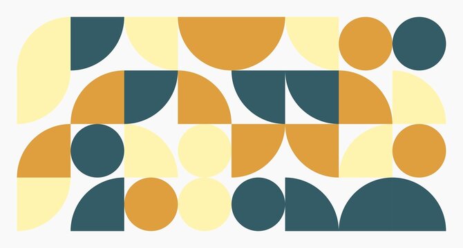 A modern geometric design combining mustard yellow, teal, and cream shapes in a grid of circles, semicircles, and stripes for visual balance.