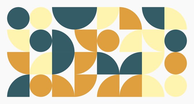 A modern geometric design combining mustard yellow, teal, and cream shapes in a grid of circles, semicircles, and stripes for visual balance.