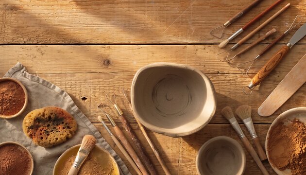 Overhead flat lay of handmade unfired clay bowl surrounded by wooden-handled sculpting tools, loop trimmers, palette knife, natural bristle brushes, sponges, and terracotta pigment powders