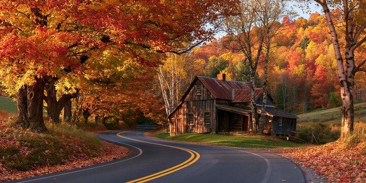 Two-lane asphalt road with yellow center lines curves past a weathered wood barn with rusted metal roof, flanked by blazing maple and birch trees in red, orange, and gold