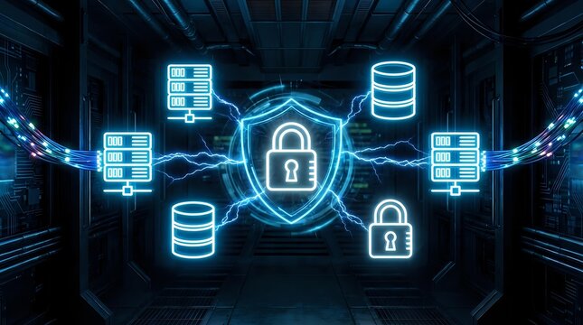Glowing neon padlock shield with database and server icons connected