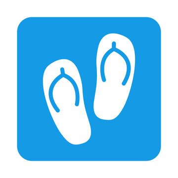 Destino de vacaciones. Logo flip flops. Icono con dibujo sencillo con la silueta de calzado de playa en cuadrado de color azul. Archivo PNG con transparencia
