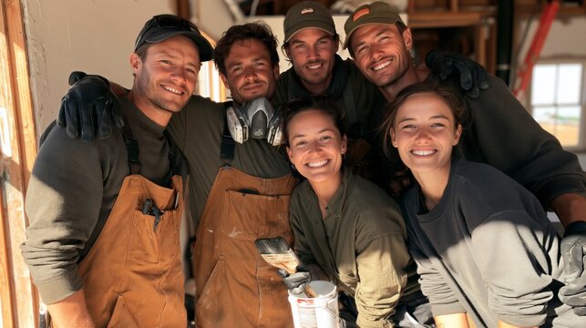 Diverse construction crew of six smiling workers posing together inside