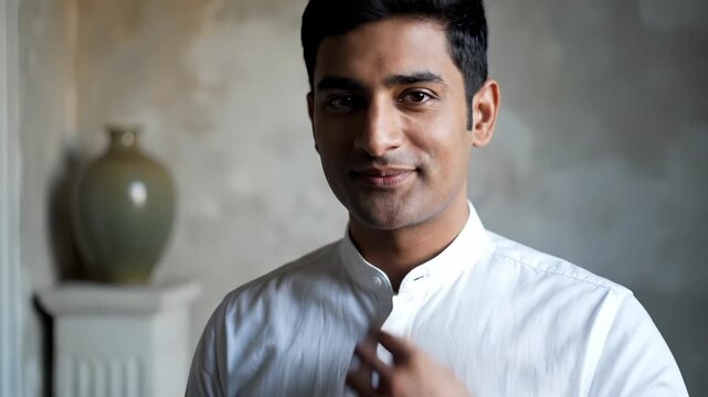 Professional man adjusts shirt collar while smiling in office. Businessman touches collar and smiles confidently. Man in shirt adjusts collar professionally. Smiling professional fixes shirt collar.