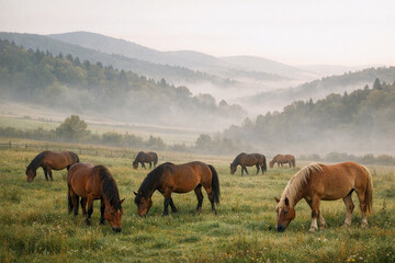 Meadow with horses in the Bieszczady Mountains Polish Bieszczady landscape © Katarzyna