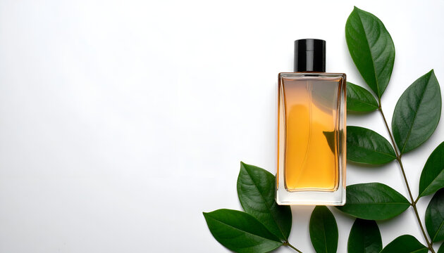 An amber-colored perfume bottle with a black cap, partially framed by vibrant green leaves, rests on a white background. It's a clean, minimalistic aesthetic