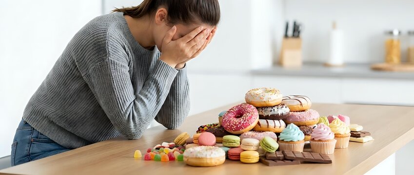 Stressed woman covers face beside table piled with donuts, candies