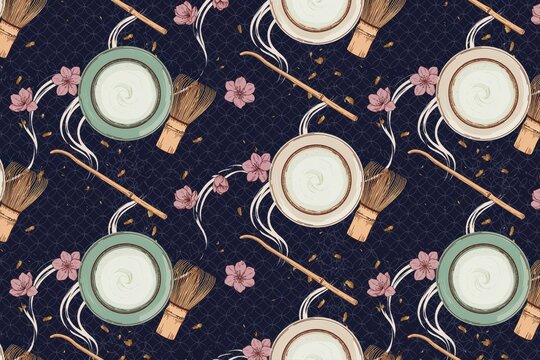 Seamless pattern of matcha tea bowls, bamboo whisks, and pink cherry blossoms on a dark blue background, with a subtle, geometric grid texture
