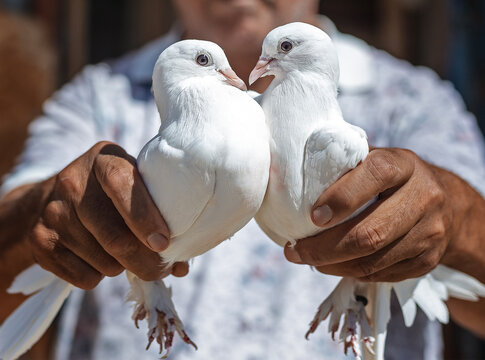 A couple of white pigeons in the man's hand. Columbidae is a bird family consisting of doves and pigeons. Columbiformes is one of the most diverse non-passerine clades of neoavians.