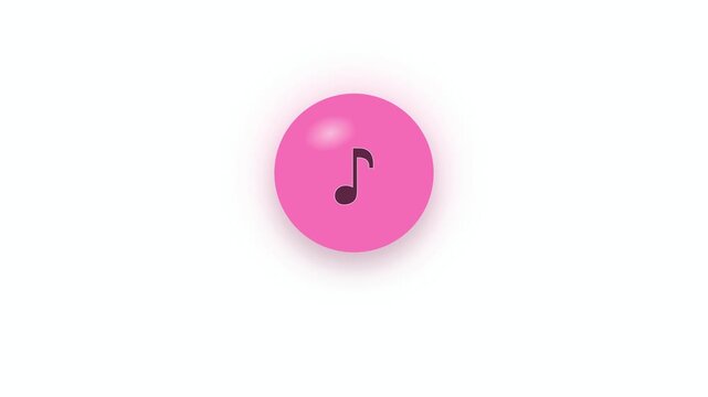 A rounded pink bubble music note glyph with soft glow and faint trailing glow particles bobs up and down as if floating on a solid white background