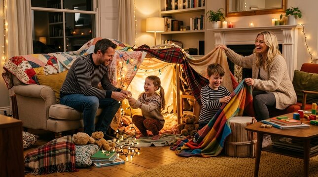 Happy Family Building a Cozy Blanket Fort with Fairy Lights in Living Room at Night, Parents Playing with Children in Homemade Tent