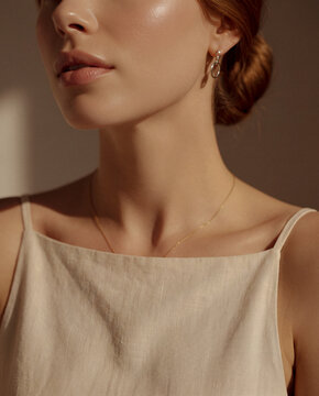 Close-up portrait of elegant woman wearing minimalist linen top and delicate gold necklace, beauty and jewelry fashion concept