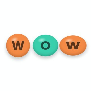 Three rounded orange-teal duotone bubble letters spelling WOW squish and pop sequentially from left to right on a solid white background