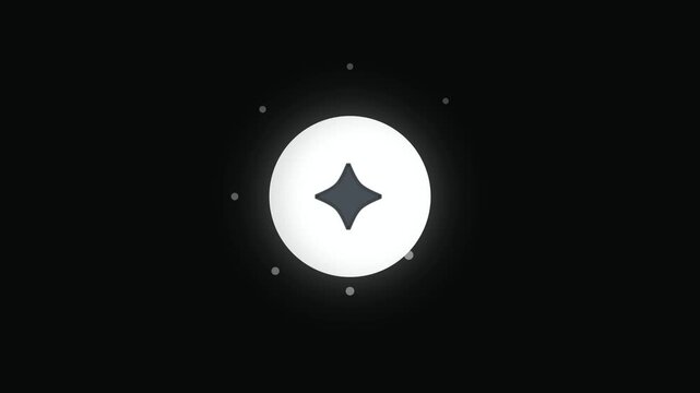 A white monochrome bubble asterisk glyph with soft glow spins while small glow particles scatter and reform back into the shape on an isolated background