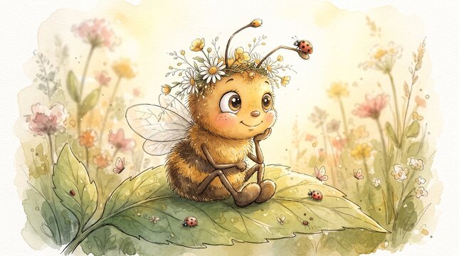 Little bee wearing a flower crown sitting gently on a large green leaf surrounded by wildflowers.