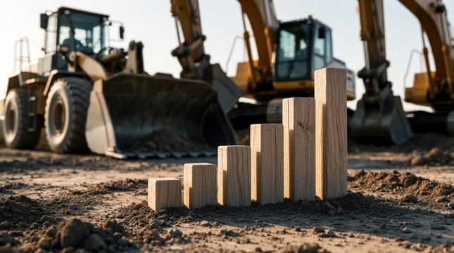 Wooden blocks form a rising bar chart on dirt ground. Heavy construction excavators are blurred in background. Symbolizes growth progress and future success.