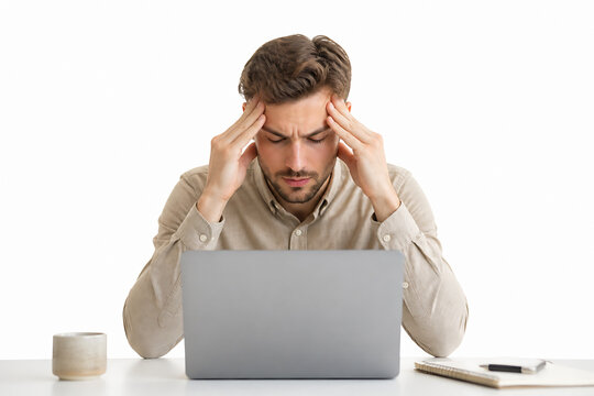A stressed man with his hands on his head sits at a desk in front of an open laptop against a white background.