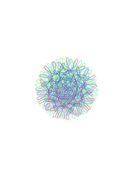 Vibrant abstract tangled circular shape with digital glitch effects on a solid dark black field