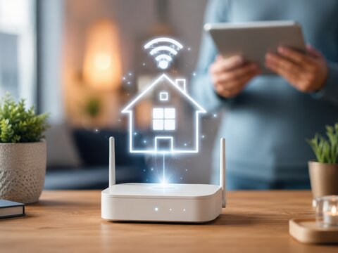 Smart Home Network Hub: A modern Wi-Fi router positioned on a wooden desk, projecting a holographic house icon symbolizing a connected smart home, with a person holding a tablet in the background.