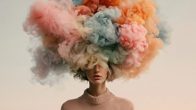 Woman silhouette portrait with abstract pastel swirling clouds concept of moods and emotions, aura.