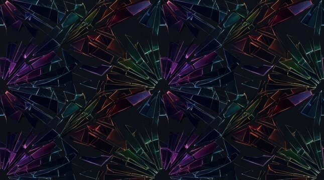 Dark geometric crystal pattern with neon green and purple.
