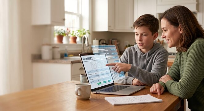 Gen Alpha boy showing product comparison data on laptop screen to mother in kitchen