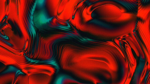 Abstract liquid metallic background with holographic red and teal fluid waves and grainy texture. perfect for modern digital art, creative wallpapers, branding, high-end motion graphics.