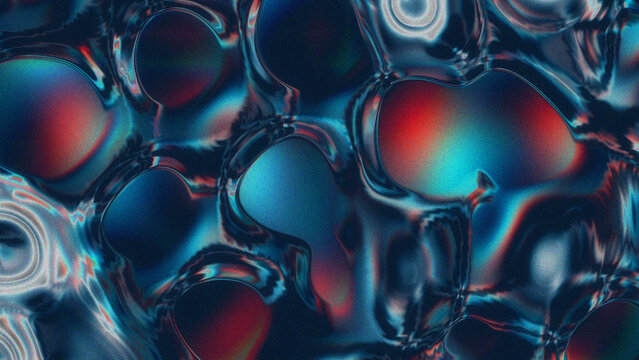 Abstract iridescent fluid bubbles background with dark moody holographic lighting and grainy texture. Ideal for high-end graphic design, technology-themed projects, digital art, creative backgrounds.