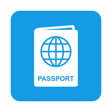 Icono con dibujo sencillo de un pasaporte en un cuadrado de color azul. Archivo PNG con transparencia