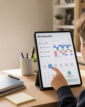 Gen Alpha student planning schedule on digital tablet using study plan dashboard at desk