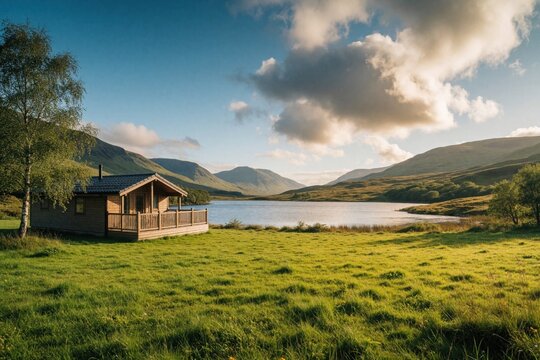 Wooden cabin rests beside calm loch on green Scottish highland meadow. Mountains rise behind water under cloudy sky. Peaceful remote nature landscape perfect for vacation.