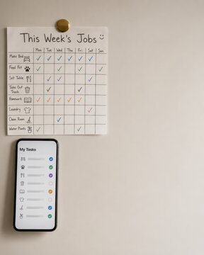 Weekly household chore chart on wall synchronized with digital task manager app on smartphone