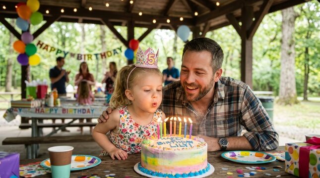 Happy Young Girl Blowing Out Candles on 5th Birthday Cake with Father at Outdoor Park Party