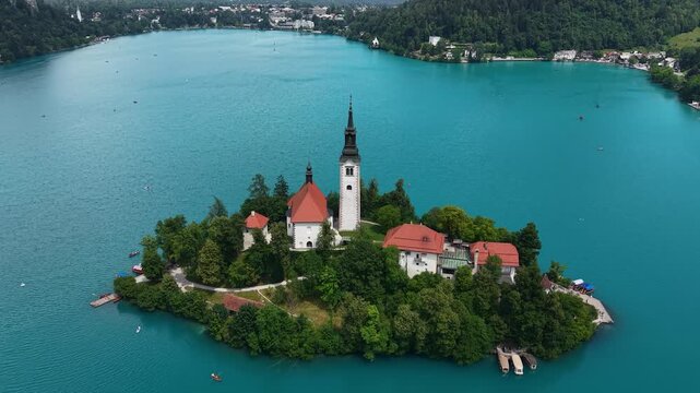 Lake Bled, Slovenia. Drone Shot of Catholic Church and Tower on Small Island in Turquoise Alpine Water