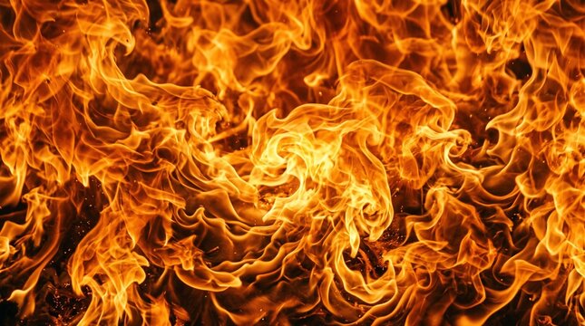 A full-frame, detailed photograph of undulating orange and yellow flames creating a powerful fire texture background.