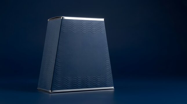 Elegant navy blue trapezoid gift box mockup with wave texture and silver trim