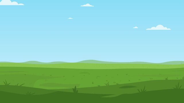 White clouds drift steadily across a bright blue sky above layered green hills, creating a seamless looping landscape animation ideal for nature backdrops, games, intros, and presentations.