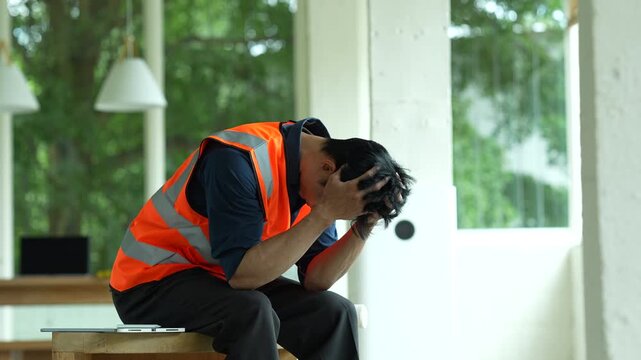 Construction worker in a safety vest holding a hard hat and looking stressed at a building site, representing workplace pressure, construction challenges and project management.