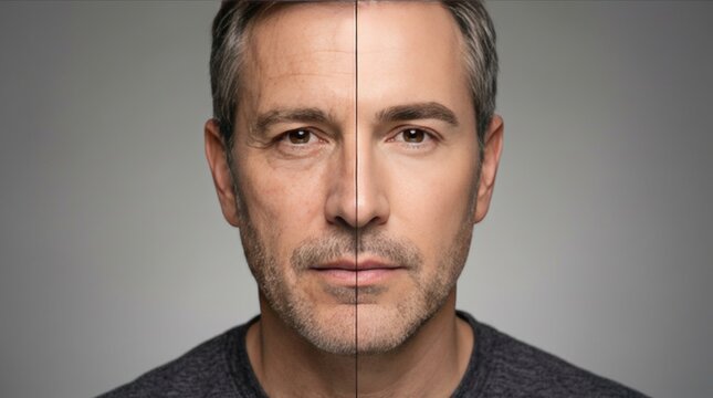 Before and after anti aging skin care comparison of middle aged man face split view