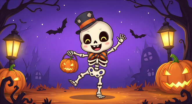 Cute cartoon skeleton wearing a top hat and bowtie celebrating a fun halloween night