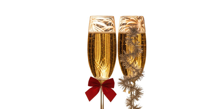 Champagne flutes with festive decorations.