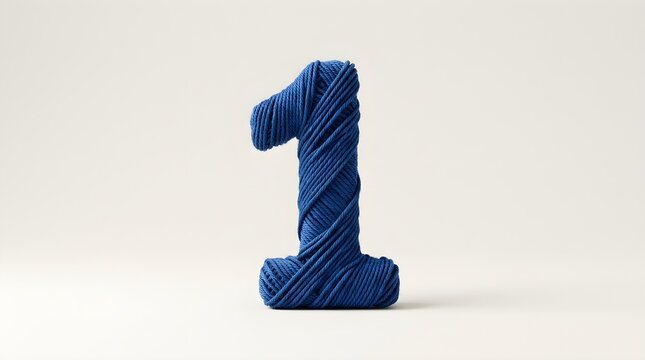 A creative 3D rendering of the number one crafted from thick blue yarn or rope against a plain white background